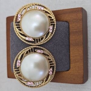 1928 Faux Pearl & Pink Rhinestone Clio-On Earrings